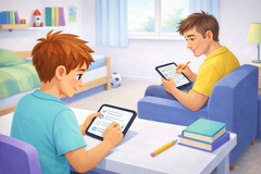 Elternteil und Kind füllen Fragebogen aus