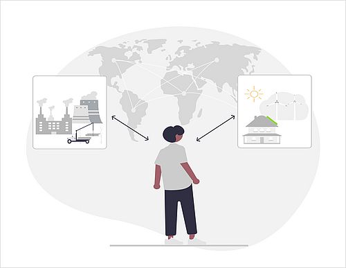 person deciding between fossil fuel and renewable energy