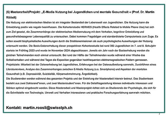 Masterarbeit/Projekt: „E-Media Nutzung bei Jugendlichen und mentale Gesundheit « (Prof. Dr. Martin Röösli)