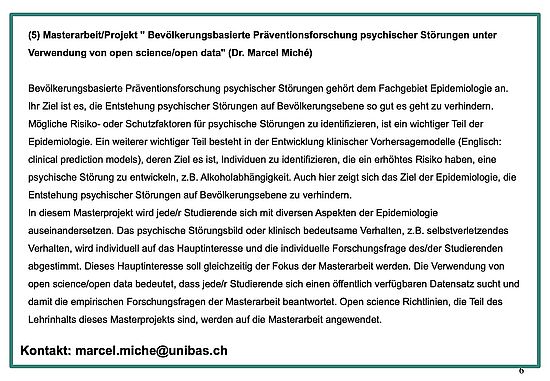 Masterarbeit/Projekt " Bevölkerungsbasierte Präventionsforschung psychischer Störungen unter Verwendung von open science/open data" (Dr. Marcel Miché)