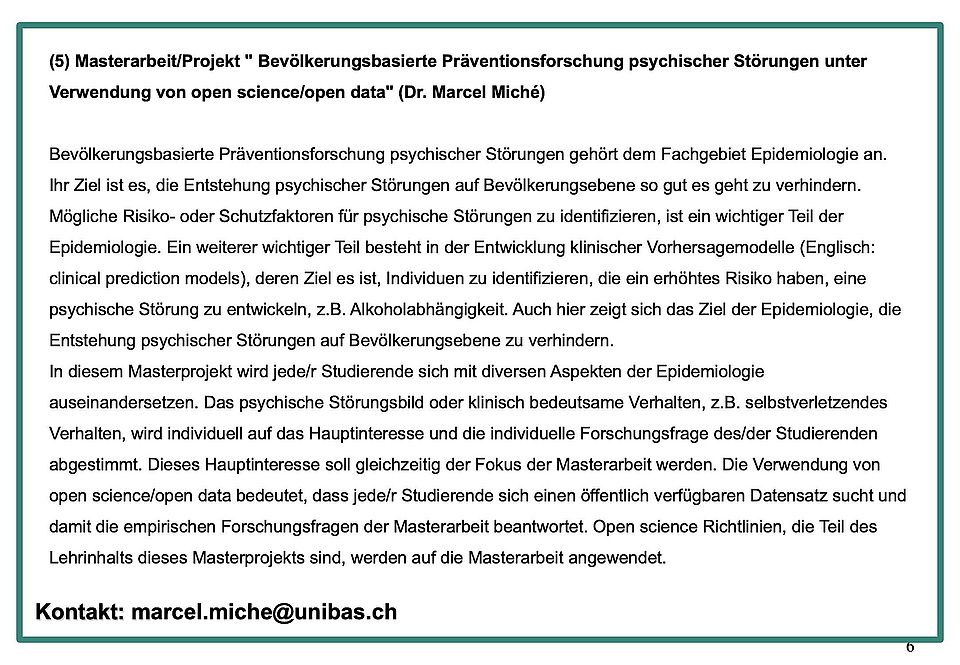 Masterarbeit/Projekt " Bevölkerungsbasierte Präventionsforschung psychischer Störungen unter Verwendung von open science/open data" (Dr. Marcel Miché)