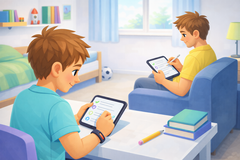 Elternteil und Kind füllen Fragebogen aus