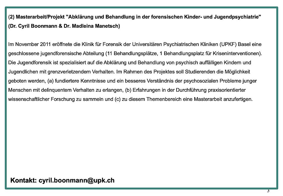 Masterarbeit/Projekt "Abklärung und Behandlung in der forensischen Kinder- und Jugendpsychiatrie" (Dr. Cyril Boonmann & Dr. Madleina Manetsch)