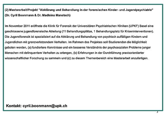 Masterarbeit/Projekt "Abklärung und Behandlung in der forensischen Kinder- und Jugendpsychiatrie" (Dr. Cyril Boonmann & Dr. Madleina Manetsch)