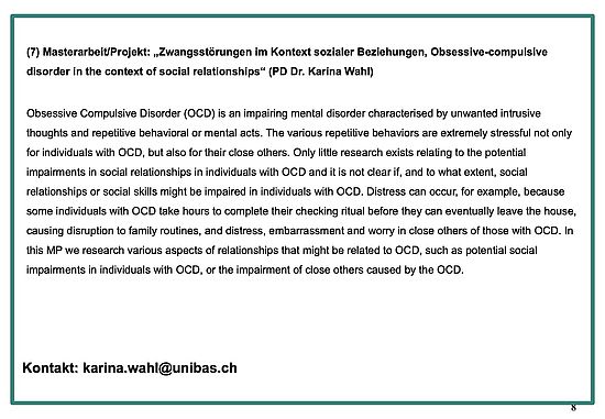 Masterarbeit/Projekt: „Zwangsstörungen im Kontext sozialer Beziehungen, Obsessive-compulsive disorder in the context of social relationships“ (PD Dr. Karina Wahl)