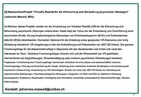 Masterarbeit/Projekt "Virtuelle Realität für die Erforschung und Behandlung psychischer Störungen" (Johannes Massell, MSc)