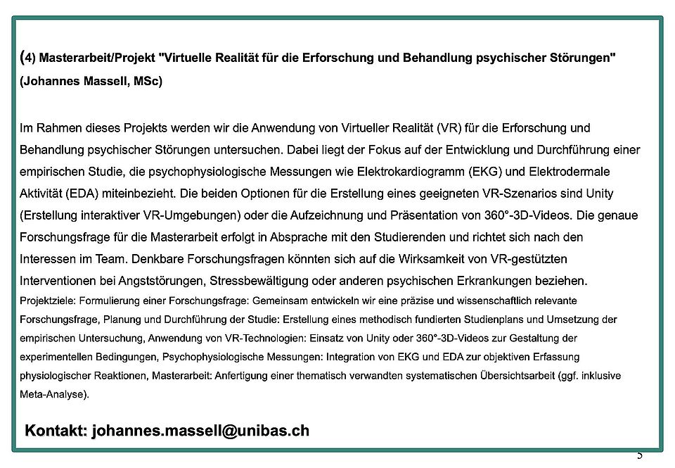 Masterarbeit/Projekt "Virtuelle Realität für die Erforschung und Behandlung psychischer Störungen" (Johannes Massell, MSc)