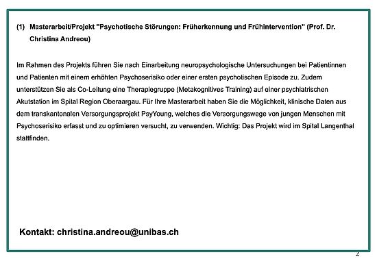 Masterarbeit/Projekt "Psychotische Störungen: Früherkennung und Frühintervention" (Prof. Dr. Christina Andreou)