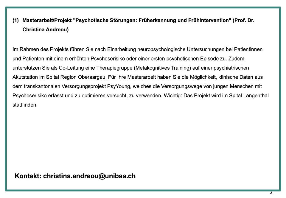 Masterarbeit/Projekt "Psychotische Störungen: Früherkennung und Frühintervention" (Prof. Dr. Christina Andreou)